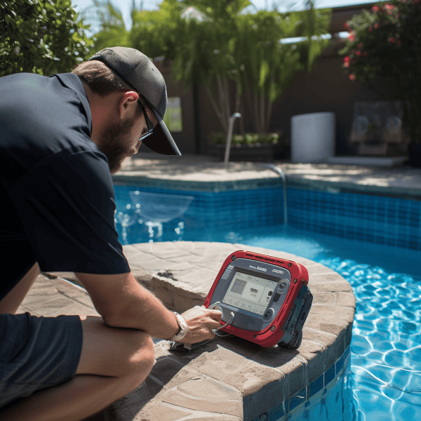 A person testing a pool alarm system