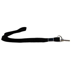 Black fabric strap with metal ring and clip for attaching keys or small items.