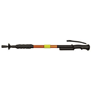 Orange and black telescopic trekking pole with ergonomic handle for hiking and outdoor adventures.