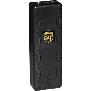 Black stun gun with Safety Technology logo, rectangular shape, 9V battery pack on top.