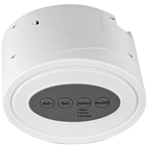 White electronic animal deterrent device with volume and mode controls, including bark, alarm, and doorbell options.