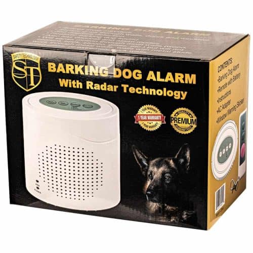 Barking dog alarm with radar technology in packaging, features a one-year warranty and premium quality guarantee.