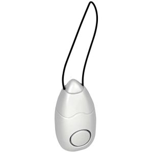 White personal safety alarm device with black loop, isolated on white background.