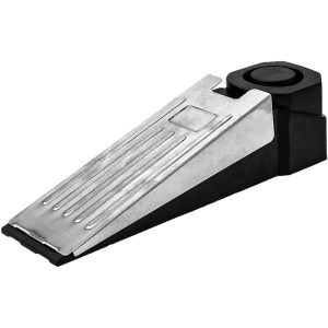 Metal and rubber security doorstop alarm wedge for home protection.