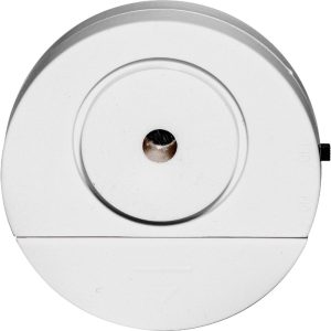 White smoke detector with central sensor, designed for ceiling mounting.