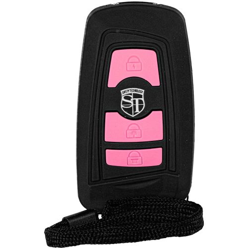 Pink and black key fob with security features and a lanyard for convenient carrying.