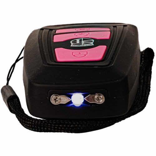 Portable LED device with black casing and pink buttons, featuring a wrist strap and illuminated light for easy use.