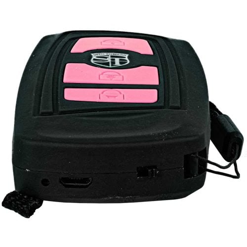 Black and pink personal alarm device with multiple buttons, providing safety and security features.