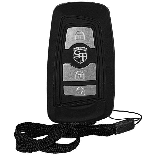 Black car key fob with lock and unlock buttons, security emblem, and attached wrist strap, isolated on white background.