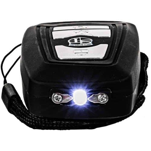 Compact black car key remote with bright LED light and braided wrist strap, ideal for keyless entry and lighting.