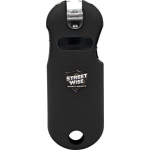 Black Streetwise stun gun for self-defense, compact design, with safety button and logo.
