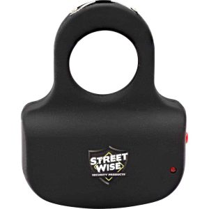 Black Streetwise stun gun with a circular handle, ideal for personal security and self-defense.