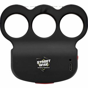 Black Streetwise knuckle stun gun with three holes, USB port, and logo for personal security and self-defense.