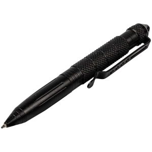 Black tactical pen with a textured grip and clip, designed for self-defense and writing purposes.