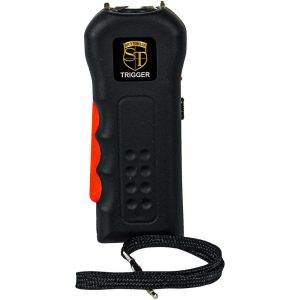 Black and red stun gun with strap, labeled 'Safety Technology Trigger' for personal protection.
