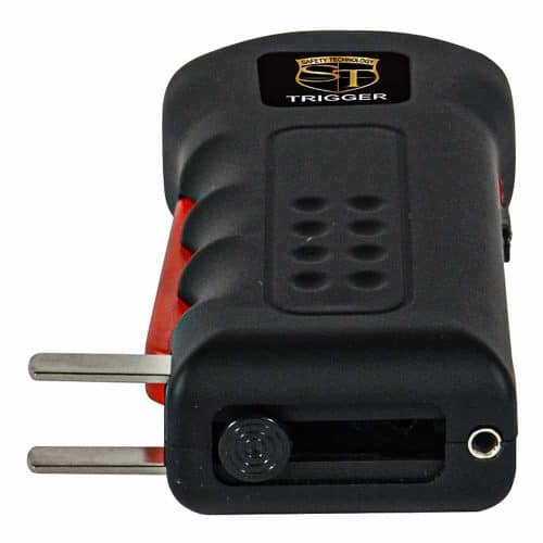 Handheld stun gun with prongs and textured grip, ideal for personal safety and self-defense.