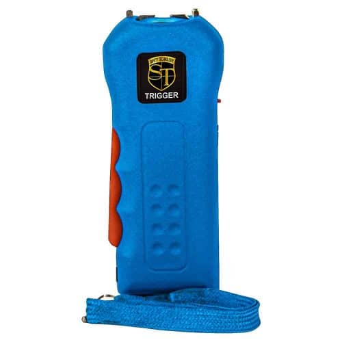 Blue handheld stun gun with wrist strap, featuring Safety Technology Trigger branding.