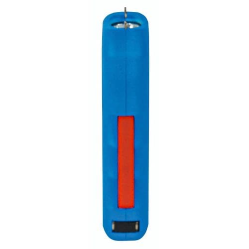 Blue and red handheld stun gun viewed from the top, showcasing its safety switch and electrodes.