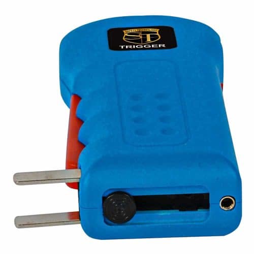 Blue electric stun device with safety technology label on white background.
