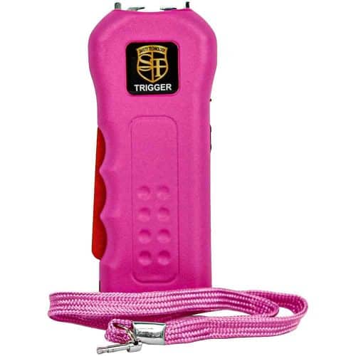 Pink self-defense stun gun with a lanyard, featuring ergonomic grip and compact design.