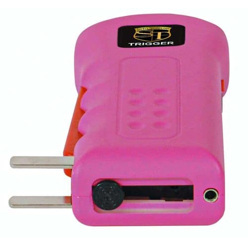 Pink handheld stun gun with safety features, designed for self-defense. Compact and easy to carry.