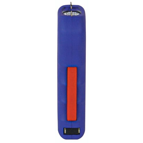 Purple and red electric stun gun on white background, compact design for personal safety and self-defense.