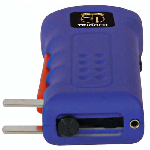 Blue stun gun with black and gold label, designed for personal safety and security.