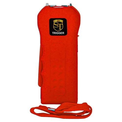Red safety stun gun with wrist strap for personal protection.