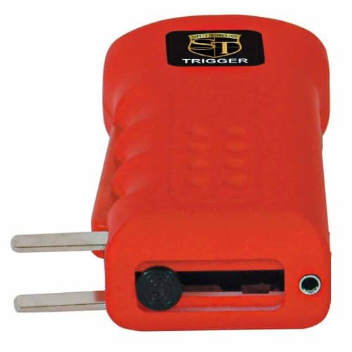 Red electrical trigger device with plug prongs and branding for safety technology.