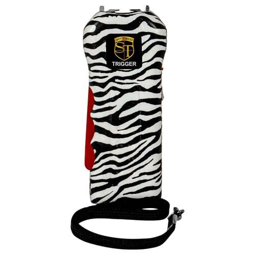 Zebra print stun device with wrist strap, designed for personal safety and self-defense.