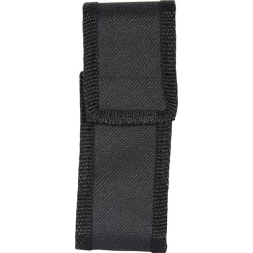 Black nylon knife sheath with Velcro closure, ideal for secure storage and easy access.