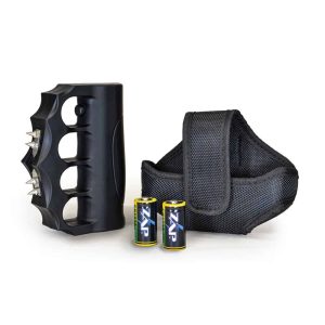 Self-defense stun gun with spiked knuckles, holster, and two batteries.