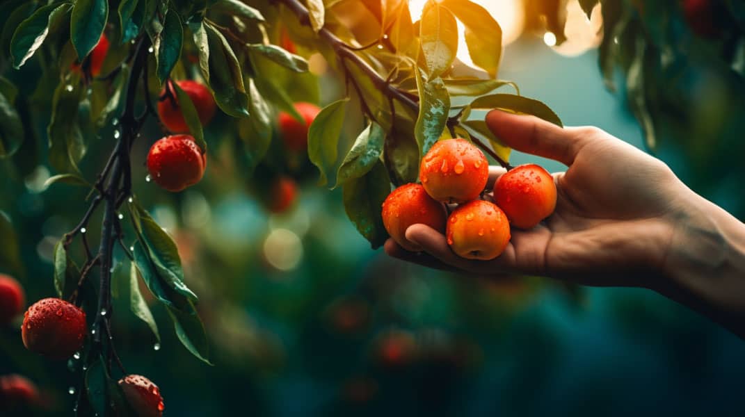 hand effortlessly plucking ripe, low hanging fruit from a tree, symbolizing the ease of finding and utilizing valuable keywords in digital marketing