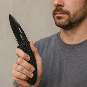 Man holding a black folding knife with textured handle against a gray background.